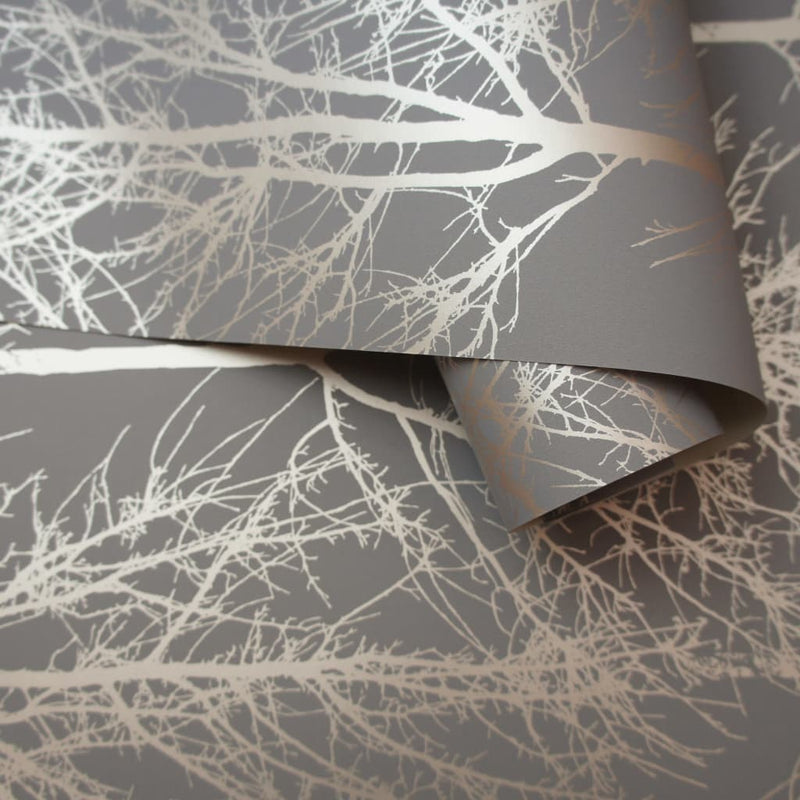 Load image into Gallery viewer, Dutch wallcoverings behang rhea trees grijs en roségoudkleurig
