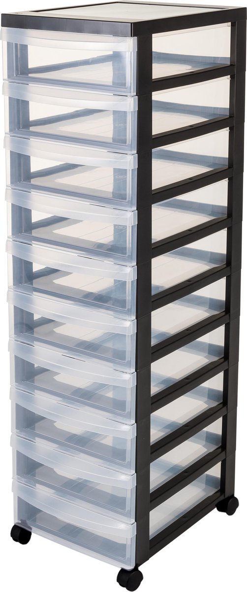 Iris design chest ladesysteem - 10 lades á 7,5l - wieltjes - zwart transparant