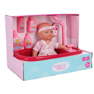 Afbeelding laden in galerijviewer, My beautiful dollsroom poppenbadje met douchefunctie, pop en set van 5 accessoires
