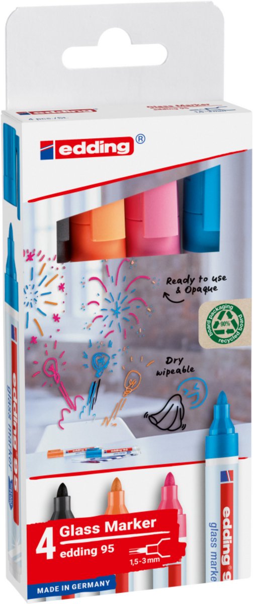 Edding 95 glasmarker set met 4 kleuren - zwart, lichtblauw, roze, oranje - ronde punt 1,5-3 mm - ook geschikt voor whiteboards - droog uitwisbaar