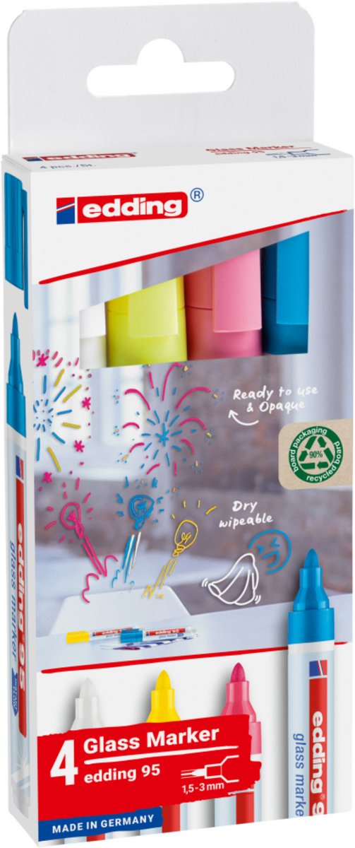 Edding 95 glasmarker set met 4 kleuren - wit, geel, roze, lichtblauw - ronde punt 1,5-3 mm - ook geschikt voor whiteboards - droog uitwisbaar
