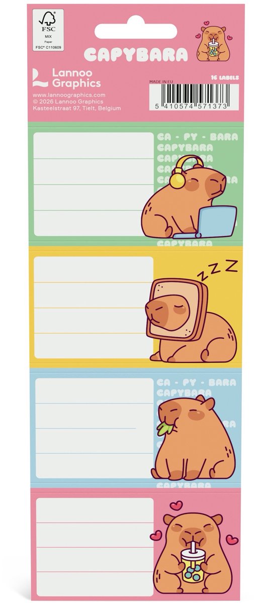 Animals capybara zelfklevende schooletiketten - set van 16 stuks