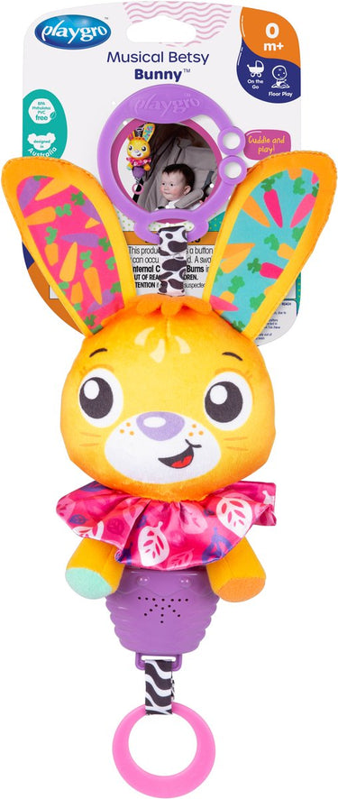 Playgro musical pullstring betsy bunny - hangspeeltje - kinderwagenspeeltje - speelgoed baby - speelgoed 1 jaar - baby speelgoed met geluid - kinderwagenaccessoire - buggyaccessoire- educatief speelgoed - knuffeldier - baby speelgoed met muziek