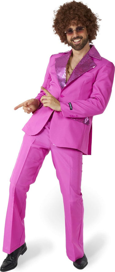 Suitmeister disco kostuum - heren pak - carnavalskleding - saturday night fever kostuum - inclusief jasje en flare pants - roze - maat: m
