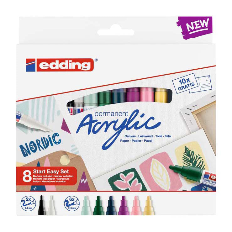 Load image into Gallery viewer, Edding acrylverf starter set nordic - 8 acryl markers - watervast - inclusief a6-briefkaartenset
