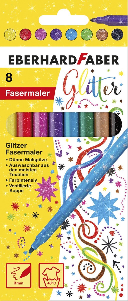 Eberhard faber viltstiften - glitter - 8 stuks - uitwasbaar - ef-551008