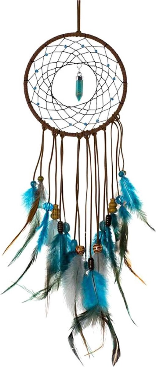 Merkloos sans marque grote handgemaakte dromenvanger - dromen vanger - dream catcher - dream catcher groot - indianen deco droomvanger met steen kraaltjes veren – bruin blauw - bpk