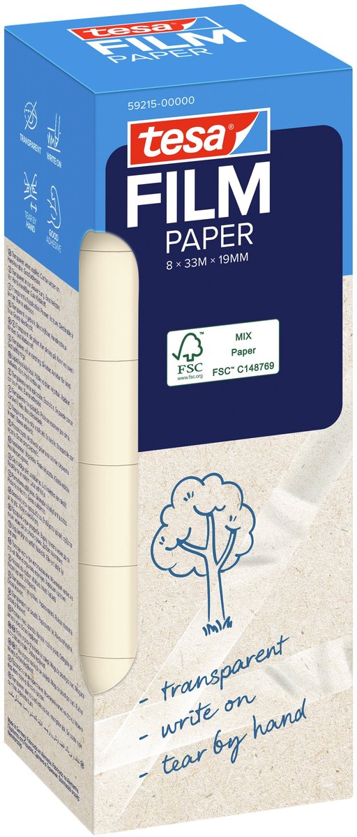 Tesa film paper - transparante plakband, 8 rollen, 19 mm x 33 m