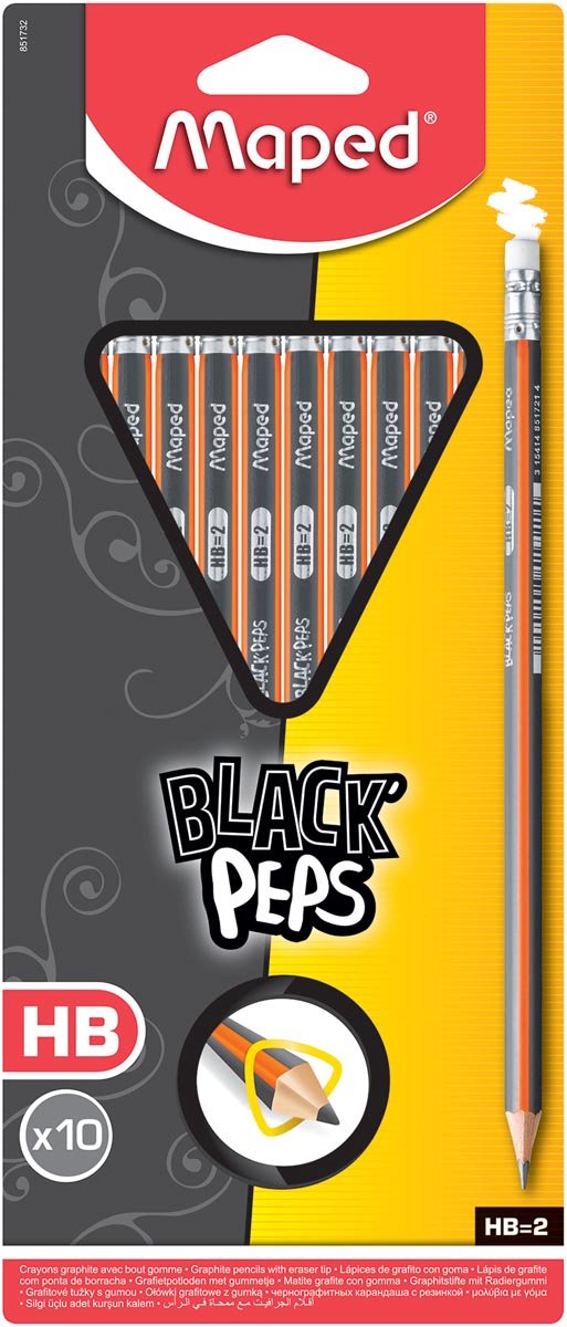 Maped office maped black'peps potlood met gum hb, blister met 10 stuks