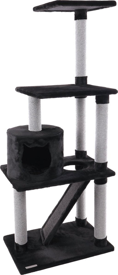 Flamingo krabpaal – forza zwart grijs – 60x40x151,5 cm – hoge krabpaal met 2 ligplateaus schuilhuisje – kattenmeubel met sisal krabplank pluche bekleding – stevige kattenboom