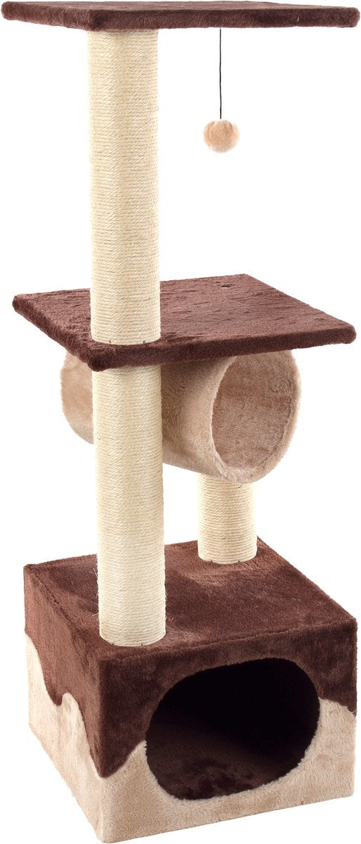 Flamingo krabpaal – kangri 5 bruin beige – 35x35x102 cm – krabpaal met tunnel, huisje ligplateaus – krabmeubel met speeltje – kattenboom voor alle kattenrassen