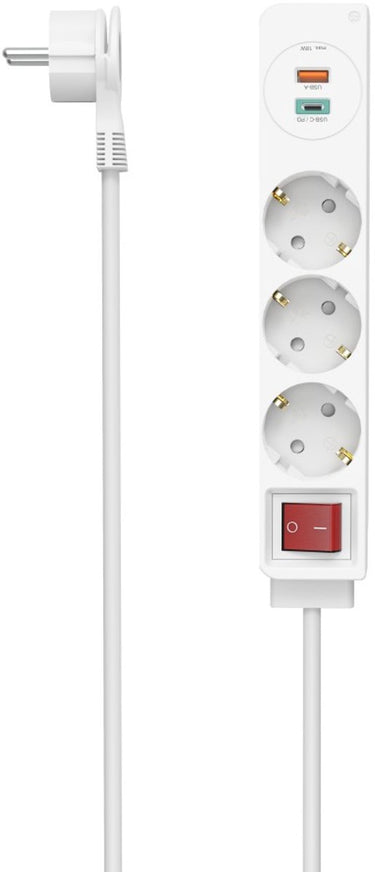 Hama stekkerdoos 3-voudig met schakelaar - 1x usb-a, 1x usb-c - 1,4mtr. - wit