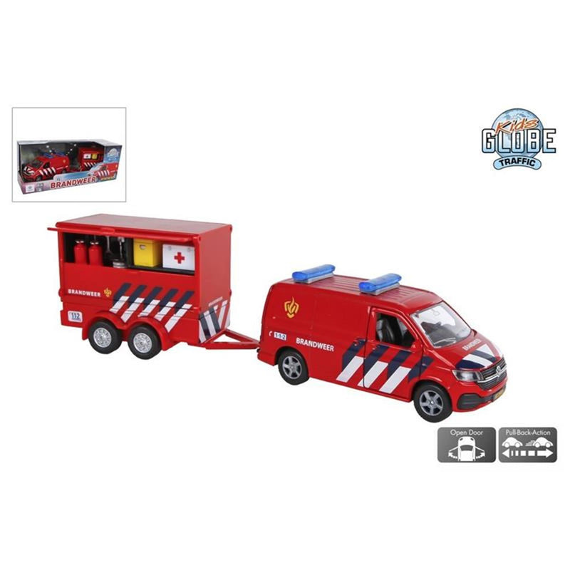 Load image into Gallery viewer, Kids globe vw transporter brandweer met aanhanger
