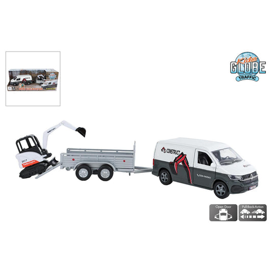 Kids globe vw transporter met minigraver die cast pull back 27cm