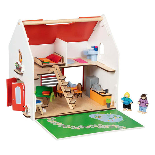 Goki houten draagbaar poppenhuis met accessoires