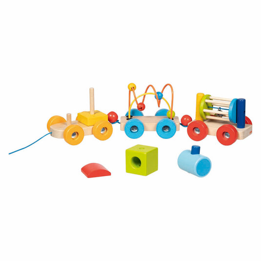 Goki houten trein rio met blokken, kralenlabyrint, rammelaar