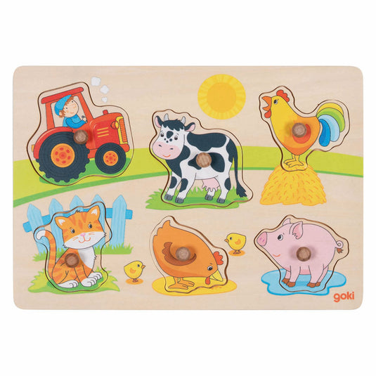 Goki houten noppenpuzzel op de boerderij, 6st.