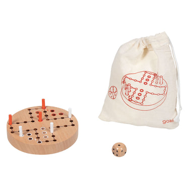 Goki houten ludo spel in katoenen opbergzakje