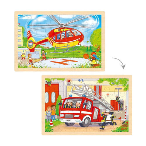 Goki houten legpuzzel - heli en brandweerwagen - 24st.