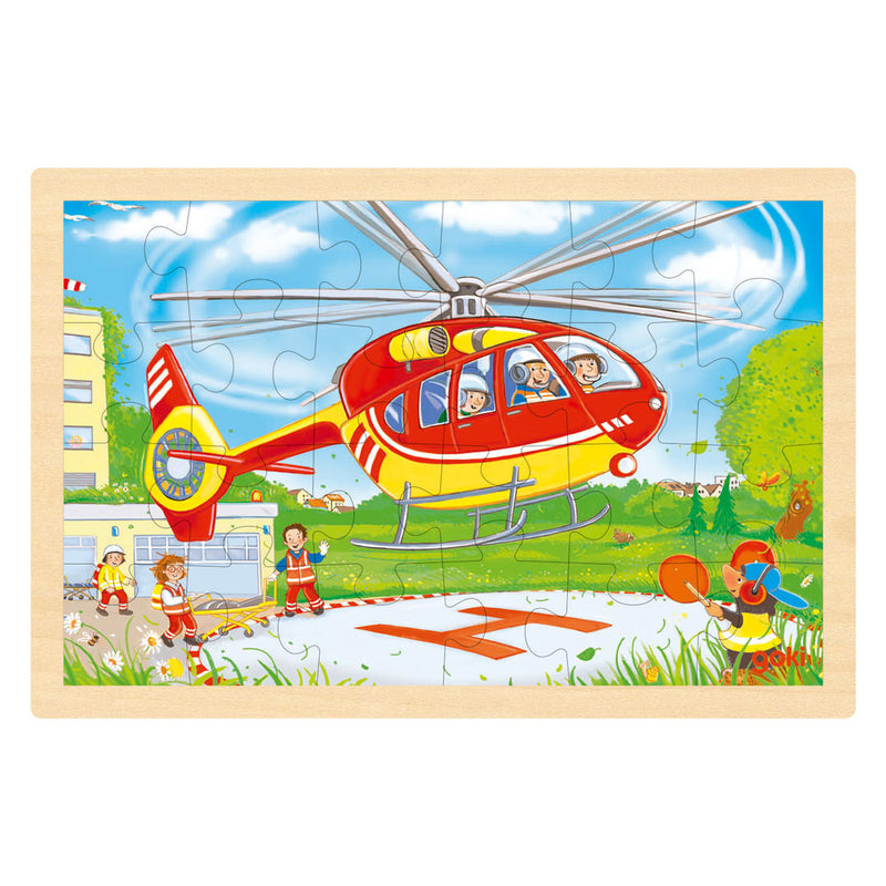 Load image into Gallery viewer, Goki houten legpuzzel - heli en brandweerwagen - 24st.

