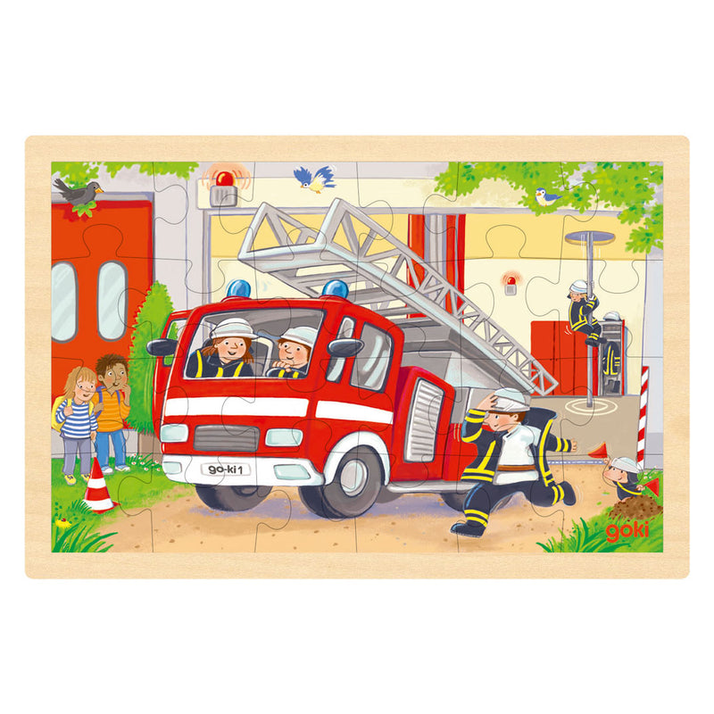 Load image into Gallery viewer, Goki houten legpuzzel - heli en brandweerwagen - 24st.
