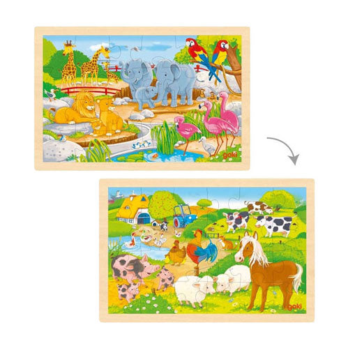 Load image into Gallery viewer, Goki houten legpuzzel - boerderij en dierentuin - 24st.
