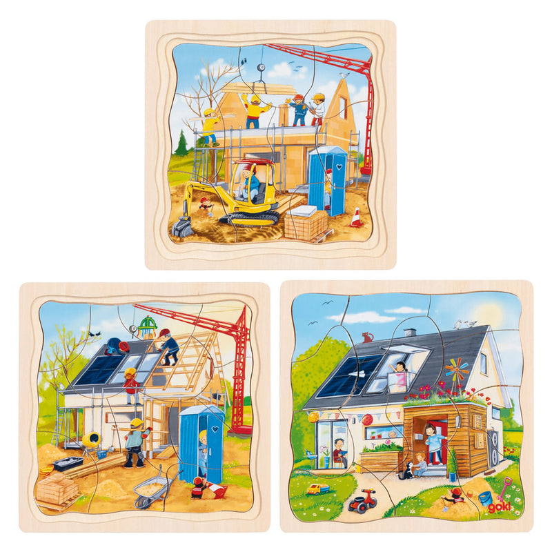 Load image into Gallery viewer, Goki houten 3-lagen puzzel - huis bouwen - 35st.
