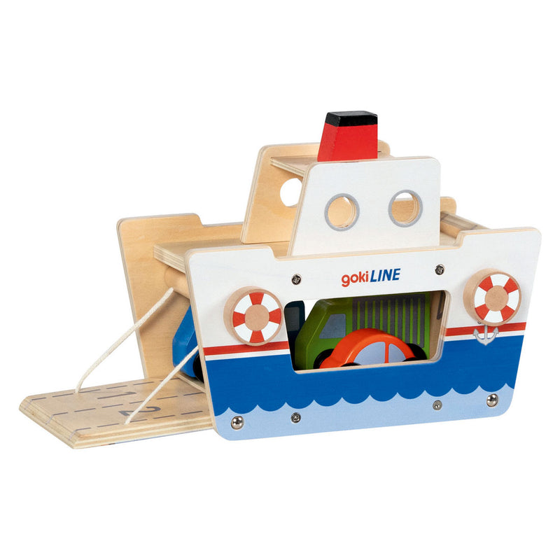 Load image into Gallery viewer, Goki houten veerboot met 3 voertuigen
