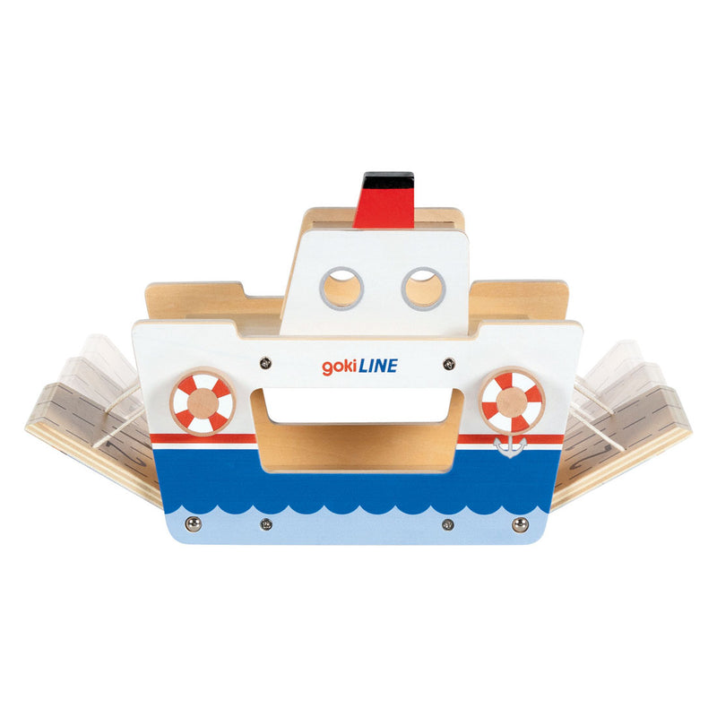 Load image into Gallery viewer, Goki houten veerboot met 3 voertuigen
