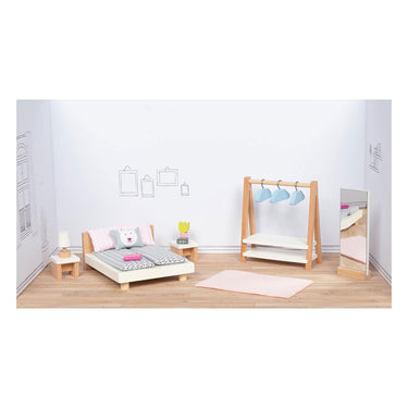 Goki poppenhuismeubeltjes: design slaapkamer, 18-delig, bed 12,7cm, beukenhout en stof, 3+