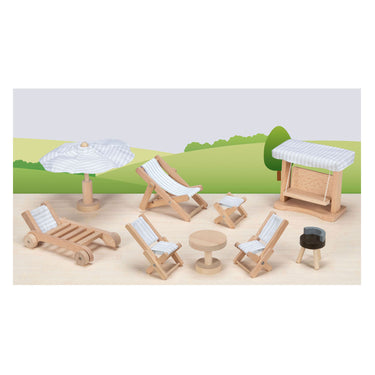 Goki poppenhuismeubeltjes: tuinmeubelen, 9-delig, schommel h10,5cm, hout en tekstiel, 3+