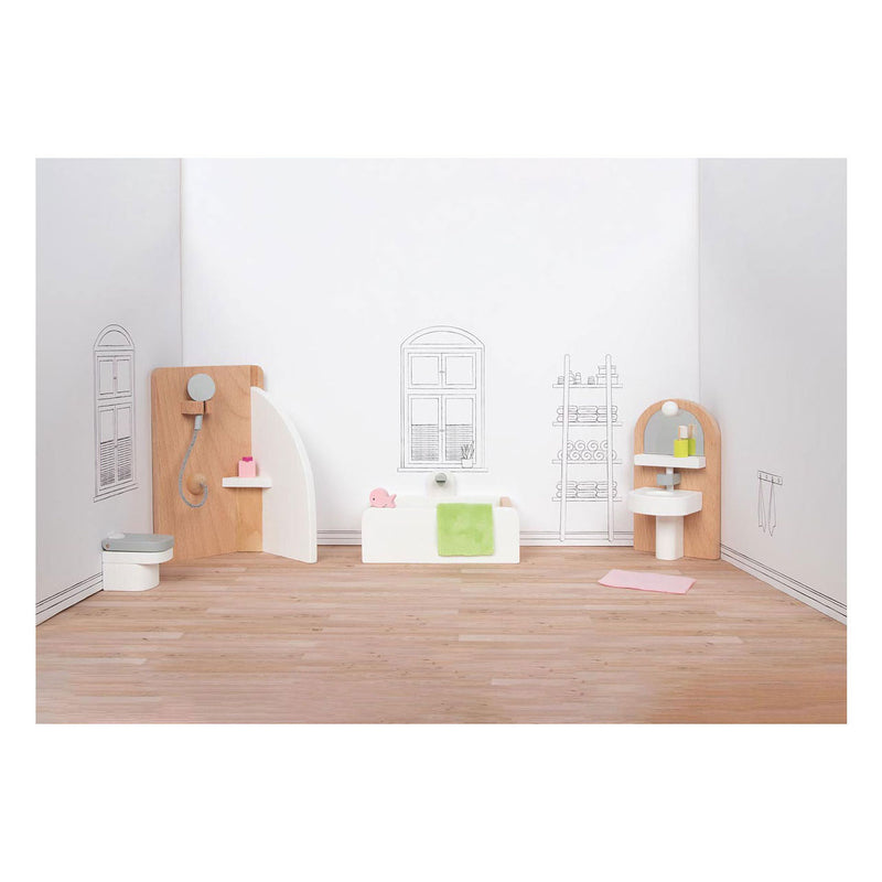 Load image into Gallery viewer, Goki poppenhuismeubeltjes: design badkamer, 10-delig, 11,2x6,2x6cm (bad), beukenhout en stof, 3+
