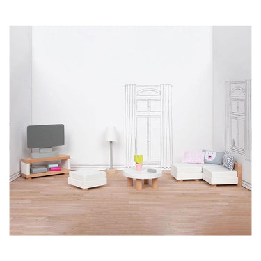 Goki poppenhuismeubeltjes: design woonkamer, 15-delig, 9,5x3x4cm (televisiekast), beukenhout en stof, 3+
