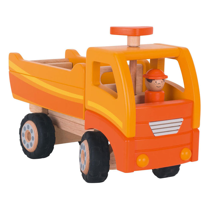 Load image into Gallery viewer, Goki houten kiepwagen oranje met draaibare wielen

