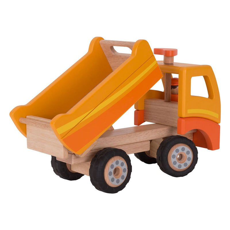 Load image into Gallery viewer, Goki houten kiepwagen oranje met draaibare wielen
