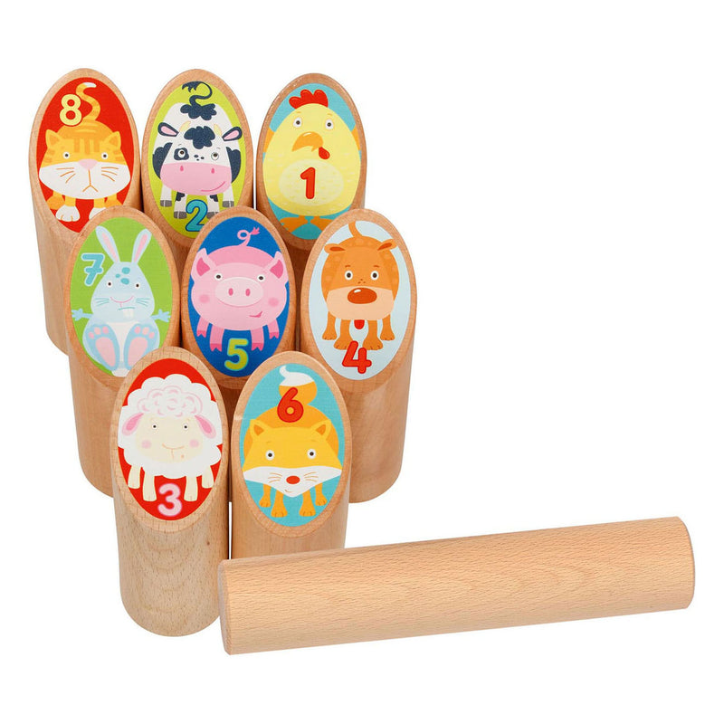 Load image into Gallery viewer, Goki houten viking spel dieren kubb in katoenen zak
