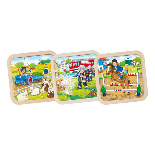 Goki houten legpuzzel boerderij, brandweer, paard, 9st.