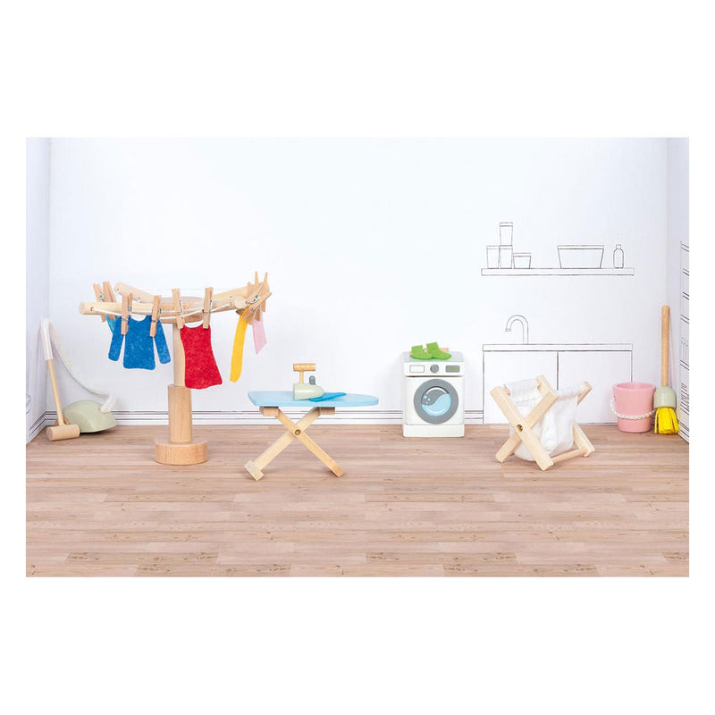 Load image into Gallery viewer, Goki poppenhuistoebehoren: washoksaccessoires, 19-delig, wasmachine 4x4,5x5cm, hout en tekstiel, 3+
