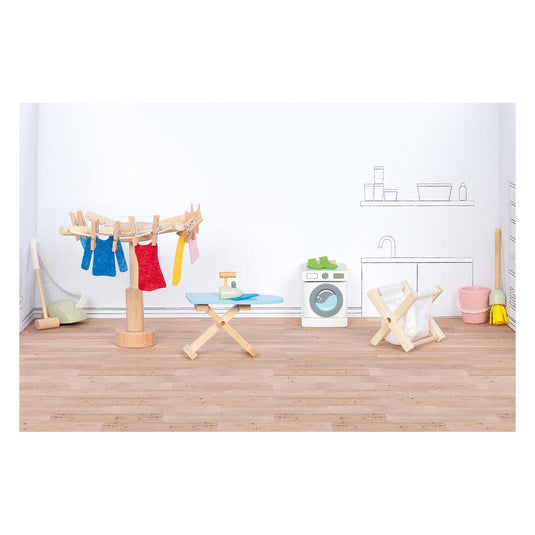 Goki poppenhuistoebehoren: washoksaccessoires, 19-delig, wasmachine 4x4,5x5cm, hout en tekstiel, 3+