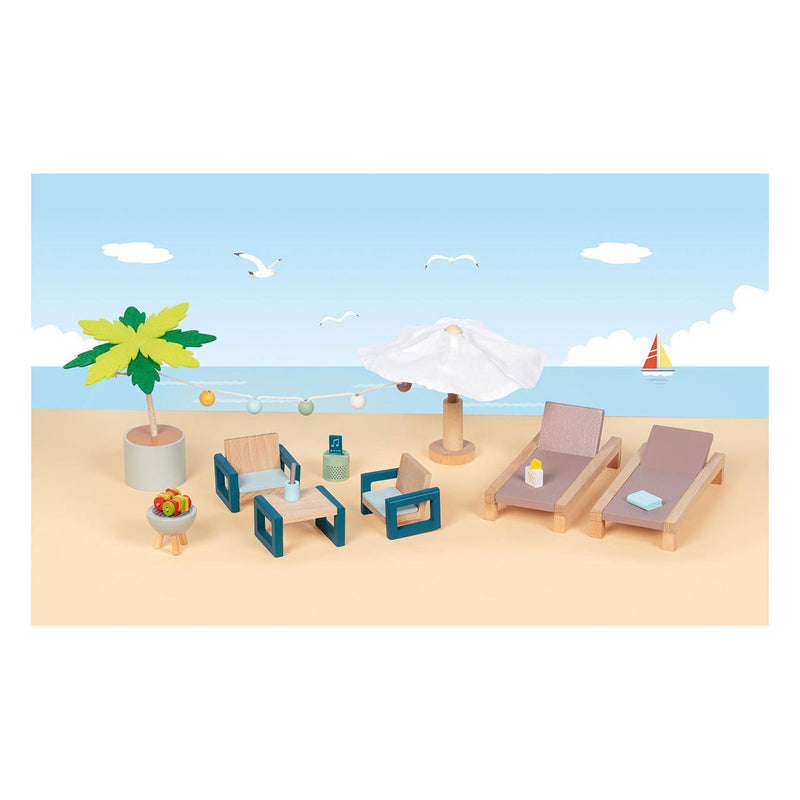 Load image into Gallery viewer, Goki poppenhuismeubeltjes: outdoor meubelset mallorca, 17-delig, ligbed 13x6x2,2cm, hout en tekstiel, 3+
