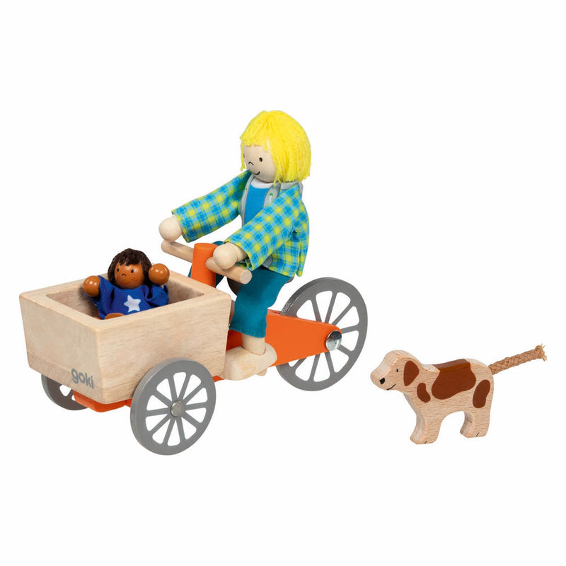 Load image into Gallery viewer, Goki poppenhuis houten bakfiets met kind en hond
