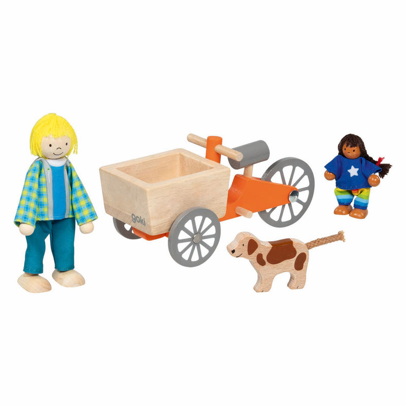 Load image into Gallery viewer, Goki poppenhuis houten bakfiets met kind en hond
