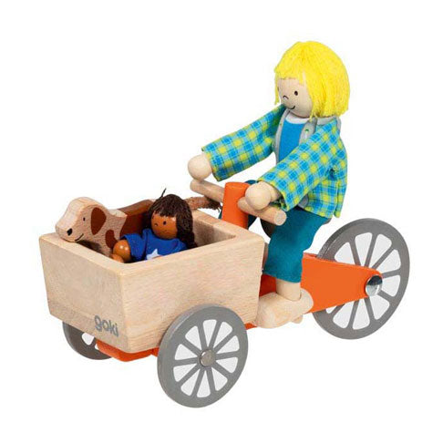 Load image into Gallery viewer, Goki poppenhuis houten bakfiets met kind en hond
