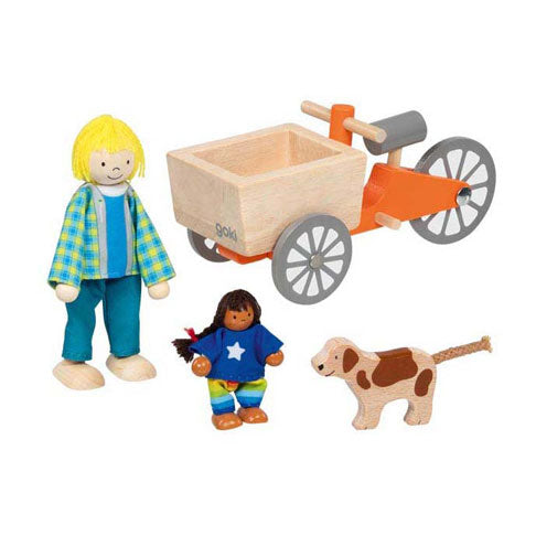 Load image into Gallery viewer, Goki poppenhuis houten bakfiets met kind en hond
