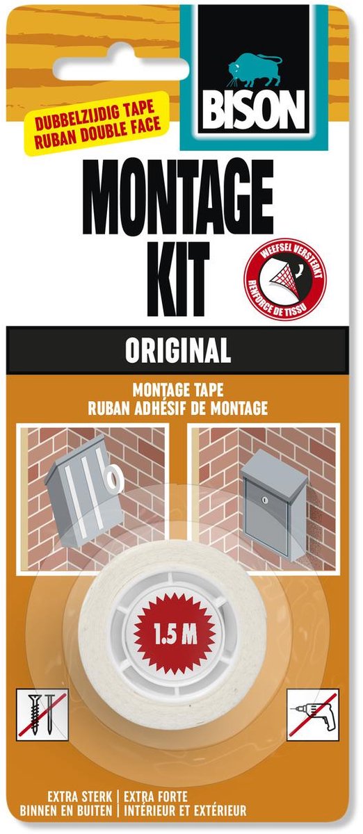 Bison montagekit direct grip tape 1.5 m x 19 mm, hoge aanvangshechting, dubbelzijdig, krachtig, 120kg rol, bevestigen zonder spijkers of schroeven, duurzaam