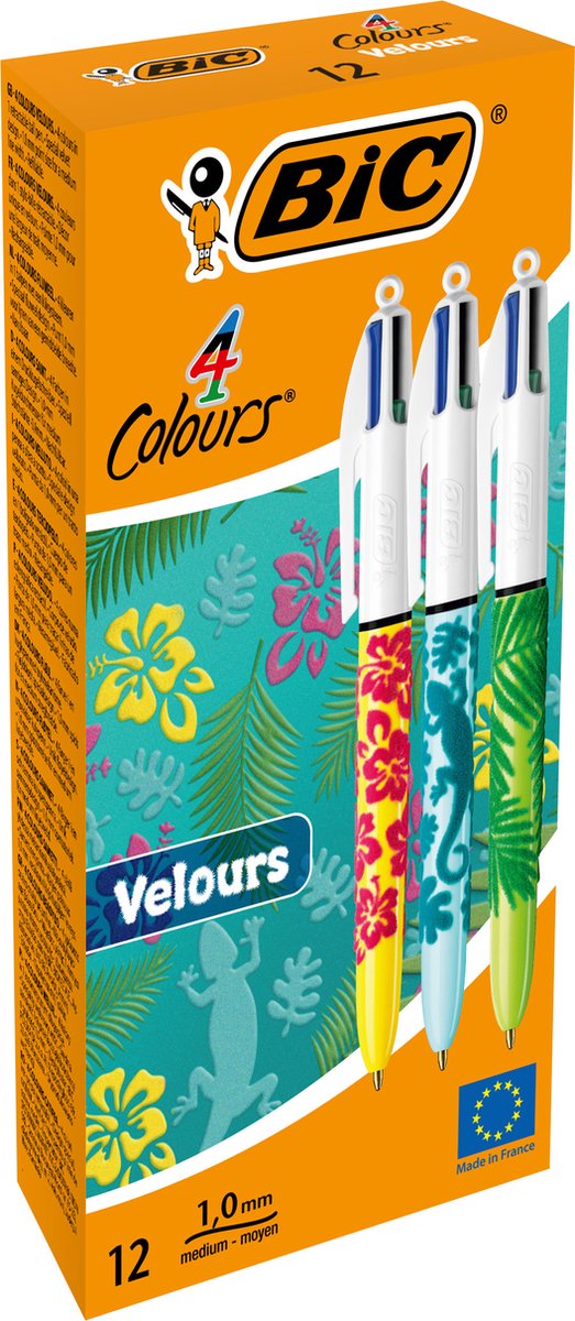Bic 4 kleuren velours uitschuifbare balpen - verschillende jungle decors - doos van 12 stuks - medium punt 1 mm