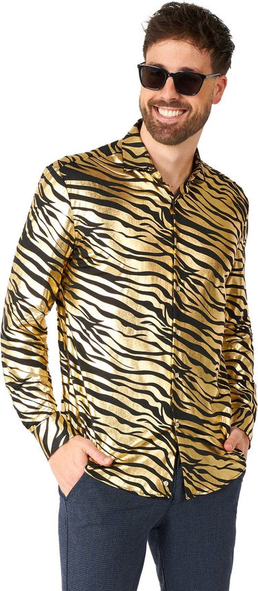 Opposuits shirt - tiger shiner - heren kerst overhemd - carnavalskleding - glimmend shirt - goud - kerst - maat: l
