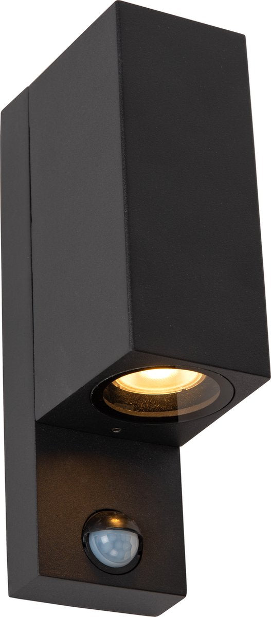 Lucide zaro - wandspot wandlamp binnen buiten - 2xgu10 - ip65 - beweging dag nacht sensor (uitschakelbaar) - zwart
