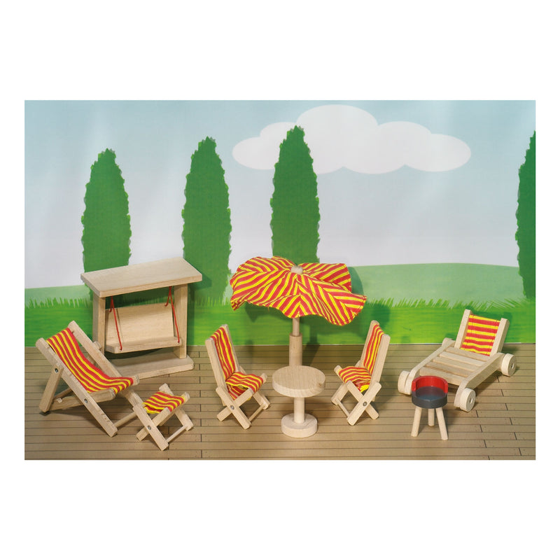 Load image into Gallery viewer, Goki poppenhuismeubeltjes serie 2: tuinmeubelen 9-delig, voor pop

