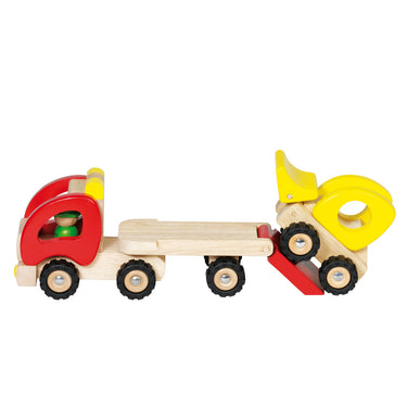 Goki houten voertuig: oplegger met bulldozer 34x8,5x12,5cm, met rubberen banden, 2+